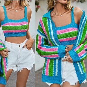 BLOGGERS FAVORITE ZARA STRIPED KNIT JACKET CARDIGAN Sz M and Top Sz S